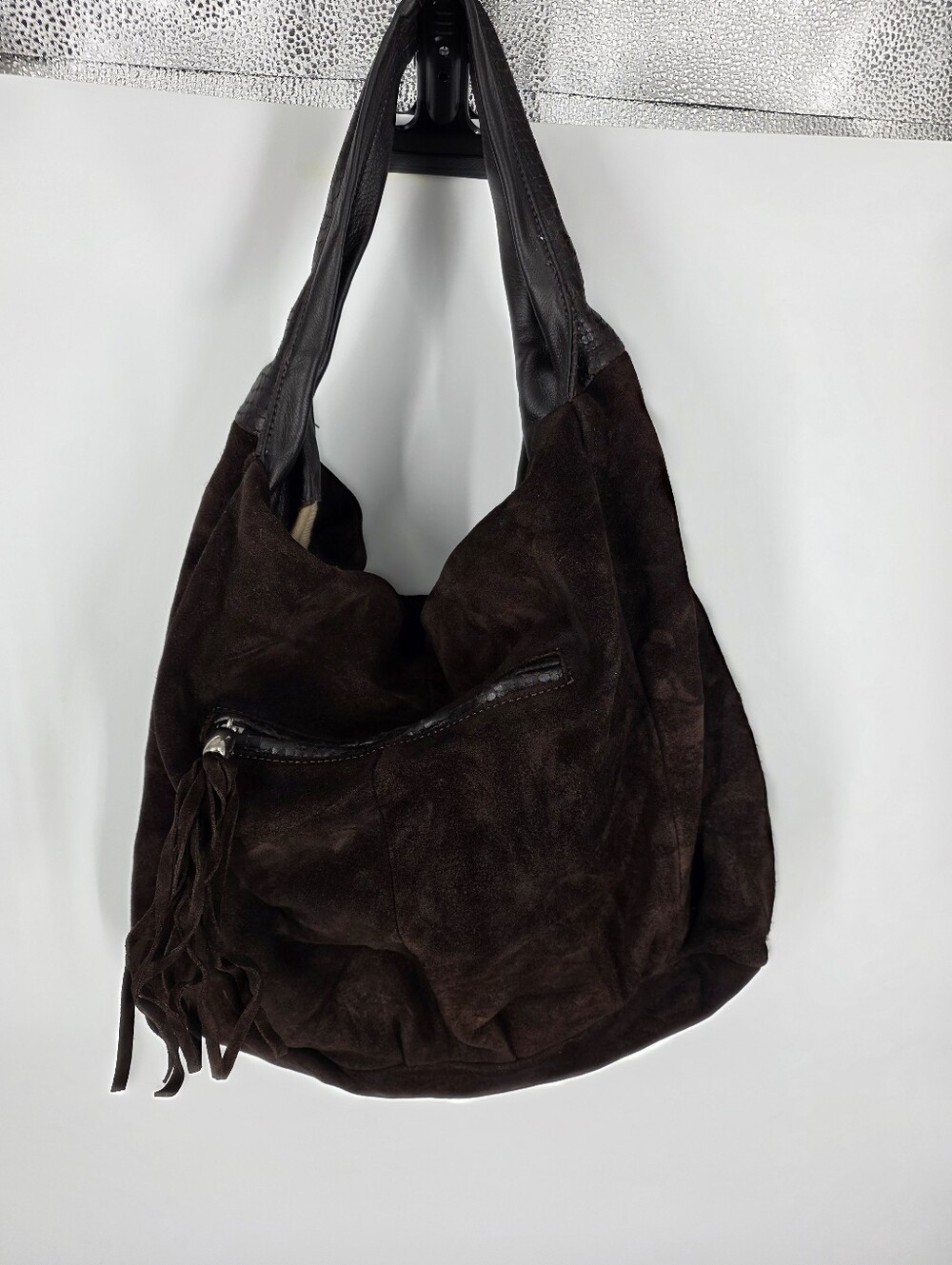 INNUÉ Italy Large Brown Suede Hobo Bag Croc Leather Trim Fringe Slouchy Shoulder